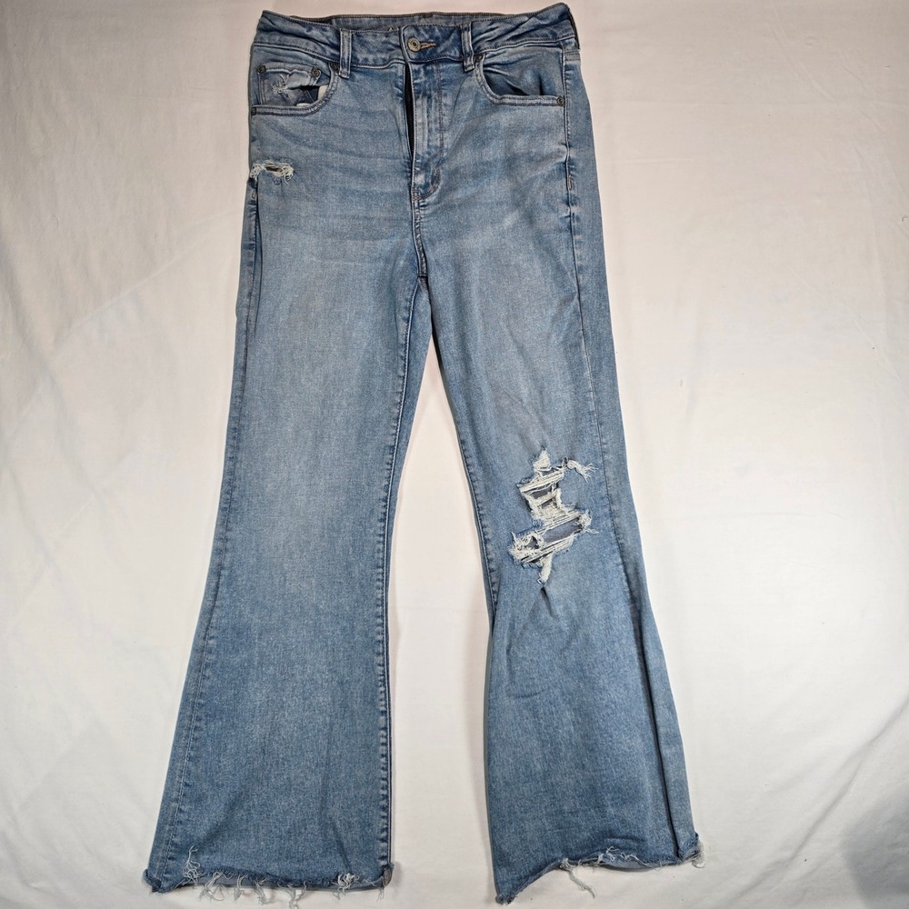 American Eagle Super High-Rise Flare Jeans Light Wash Distressed Blue Size12 Reg